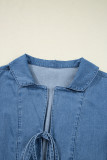 Dusk Blue Denim Lapel Neck Balloon Sleeve Tied Peplum Top