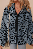 Blue Cow Print Buttoned Stand Collar Fleece Jacket