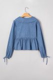 Dusk Blue Denim Lapel Neck Balloon Sleeve Tied Peplum Top