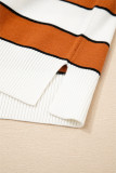 Brown Stripe Ribbed Polo Collar Drop Shoulder Sweater