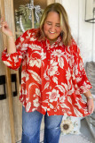Red Plus Size Floral Print Loose Button Up Shirt