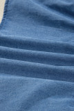 Dusk Blue Denim Lapel Neck Balloon Sleeve Tied Peplum Top