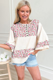 Red Floral Print Gauze Patchwork Henley Button 3/4 Sleeve Blouse