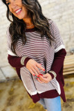 Red Stripe Color Block Patchwork Dolman Oversize Tunic Sweater