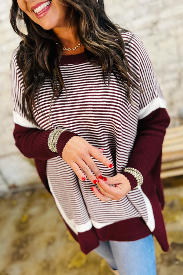 Red Stripe Color Block Patchwork Dolman Oversize Tunic Sweater