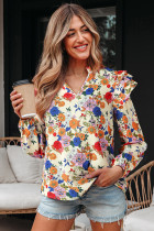 Apricot Ruffled Shoulder Long Sleeve Floral Blouse