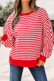 Red Stripe Exposed Seam Drop Shoulder Casual Pullover Top