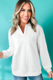 White Textured Pocketed Collared V Neck Pullover Sweatshirt