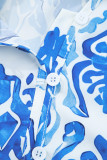 Sky Blue Ethnic Printed Tie Split Neck Button Front Puff Sleeve Shirt
