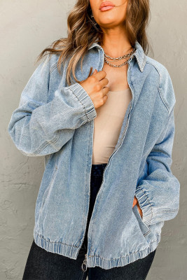 Myosotis Elastic Edge Collared Zip Up Denim Jacket With Pocket
