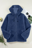 Navy Blue Fleece Zip Up Drawstring Hooded Pocketed Jacket