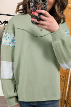 Laurel Green Floral Plaid Mixed Sleeve Raw Edge Relaxed French Terry Top