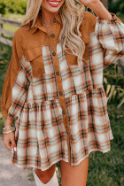 Khaki Plaid Color Block Patchwork Ruffle Hem Tunic Shirt Dress