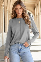 Light Grey Solid Exposed Seam Crew Neck Long Sleeve Top