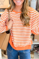 Orange Stripe Exposed Seam Drop Shoulder Casual Pullover Top