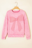 Bright Pink Mineral Wash Big Bow Patchwork Pullover Sweatshirt