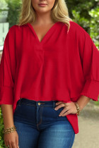 Fiery Red Plus Size Smocked Cuff Dolman Oversized Tunic Blouse