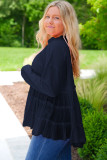Navy Blue Tiered Ruffle Ribbed Crew Neck Pullover Plus Size Top