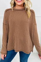 Dark Khaki Twist Ribbed Exposed Seam Detail Long Sleeve Loose Top