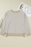 Brown Stripe Plus Size Breathable Knit Ribbed Trim Long Sleeve Top