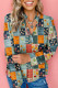 Sky Blue Fall Floral Half Placket Collared V Neck Blouse