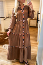 Chestnut Floral Patchwork Detail Notched Neck Long Sleeve Maxi Dress