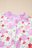 Pink Floral Print Striped Trim Frilled Neck 3/4 Sleeve Flared Mini Dress