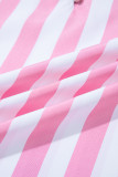 Rose Stripe Split Neck Button Decor Front Puff Sleeve Blouse