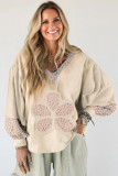 Beige Floral Patched Waffle Textured Colorblock V Neck Casual Hooded Top