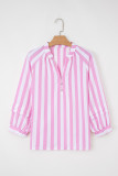 Rose Stripe Split Neck Button Decor Front Puff Sleeve Blouse