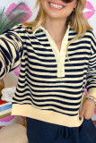 Blue Stripe Collared V Neck Long Sleeve Casual Top