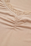 Smoke Gray Lace-trimmed Sweetheart Neckline Ruched Detail Long Sleeve T-shirt