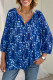 Blue Botanical Print Bracelet Sleeve Notched Neck Blouse
