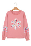 Peach Blossom Floral Applique Baggy Pullover Sweatshirt
