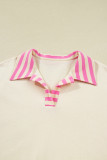 Pink Stripe Contrast Polo Collar Drop Shoulder Patchwork Plus Size Pullover
