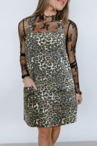 Gray Leopard Print Pocketed Loose Fit Denim Overall Dress