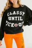 Black CLASSY UNTIL KICKOFF Plush Letter Patched Loose Sweatshirt