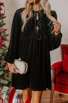 Black Front Tie Velvet Bubble Sleeve Mini Dress