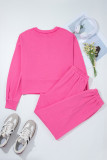 Bright Pink Raw Edge Half Buttons Pullover and Jogger Pants Set