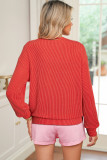 Fiery Red Twisted Rib Outlined Merry Letter Graphic Loose Long Sleeve Top