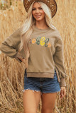 Dark Khaki gobble Sequin Graphic Exposed Seam Fleece Sweatshirt