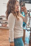 Parchment Ribbed Contrast Leopard Edge Round Neck Plus Knit Top