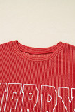 Fiery Red Twisted Rib Outlined Merry Letter Graphic Loose Long Sleeve Top