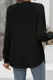 Black Ribbed Texture Round Neck Long Sleeve Rounded Hem Knit Top