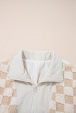 Khaki Checker Sherpa Corduroy Patchwork Zip up Collared Jacket