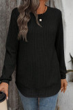 Black Ribbed Texture Round Neck Long Sleeve Rounded Hem Knit Top