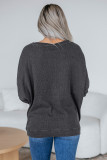 Dark Grey Waffle Knit Patchwork Long Sleeve Loose Top