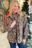 Brown Sherpa Leopard Print Flap Pocket Collared Button Up Jacket