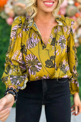 Yellow Vintage Floral V Neck Ruffle Trim Long Sleeve Blouse