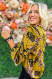 Yellow Vintage Floral V Neck Ruffle Trim Long Sleeve Blouse